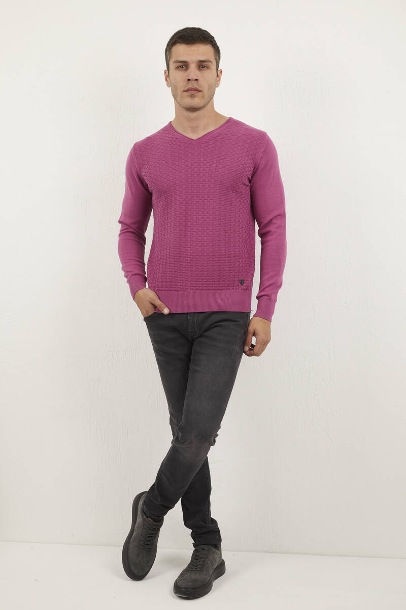 Patterned Coated V Neck Cotton Men's Knitwear Sweater