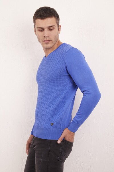 Patterned Coated V Neck Cotton Men's Knitwear Sweater - Thumbnail