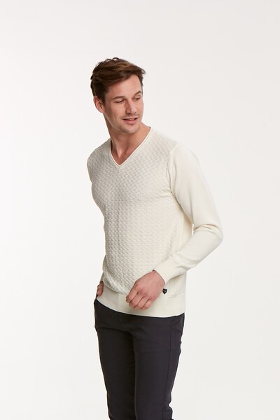 VOLTAJ - Patterned Coated V Neck Cotton Men's Knitwear Sweater (1)