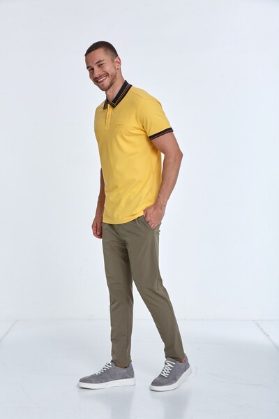 Patterned Collar Polo Neck Cotton T-Shirt - Thumbnail