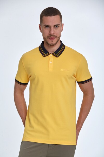 Patterned Collar Polo Neck Cotton T-Shirt - Thumbnail