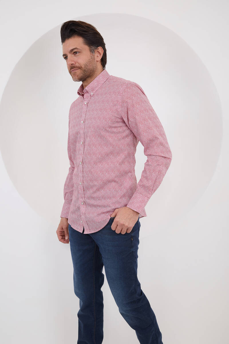 Patterned Red Cotton Long Sleeve Men's Shirt