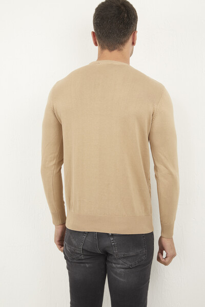 Patterned Round Neck Cotton Piece Dye Knitwear Sweater - Thumbnail