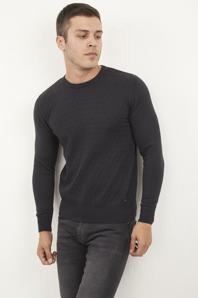 VOLTAJ - Patterned Round Neck Cotton Piece Dye Knitwear Sweater (1)