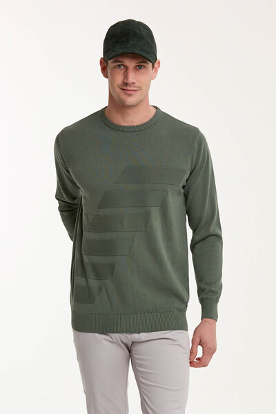 VOLTAJ - Patterned Round Neck Cotton Piece Dye Knitwear Sweater
