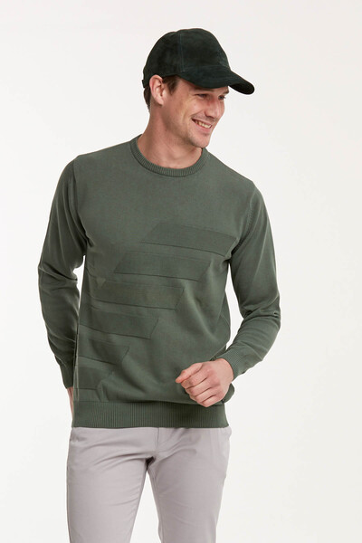 VOLTAJ - Patterned Round Neck Cotton Piece Dye Knitwear Sweater (1)