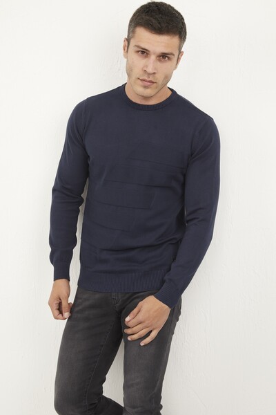 Patterned Round Neck Cotton Piece Dye Knitwear Sweater - Thumbnail