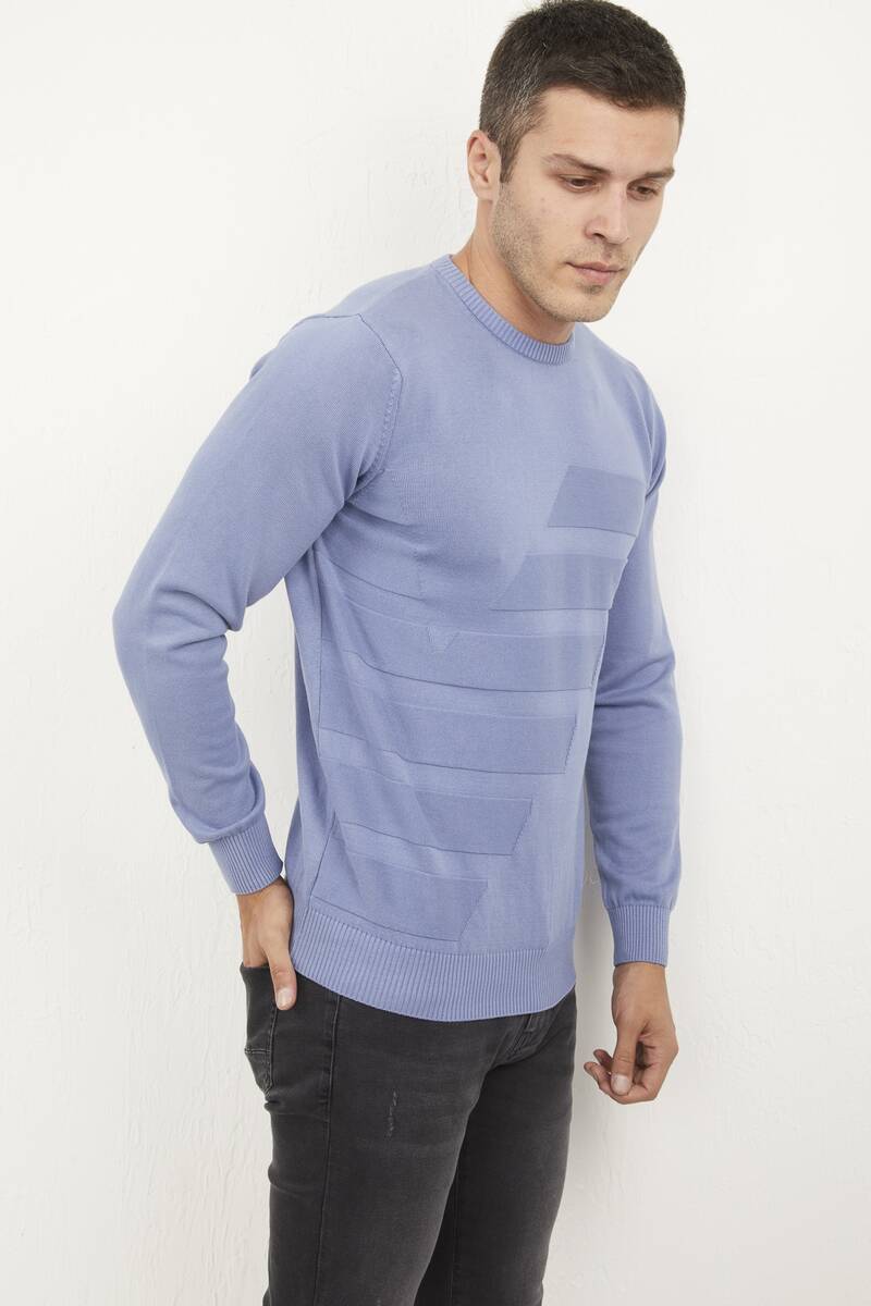 Patterned Round Neck Cotton Piece Dye Knitwear Sweater