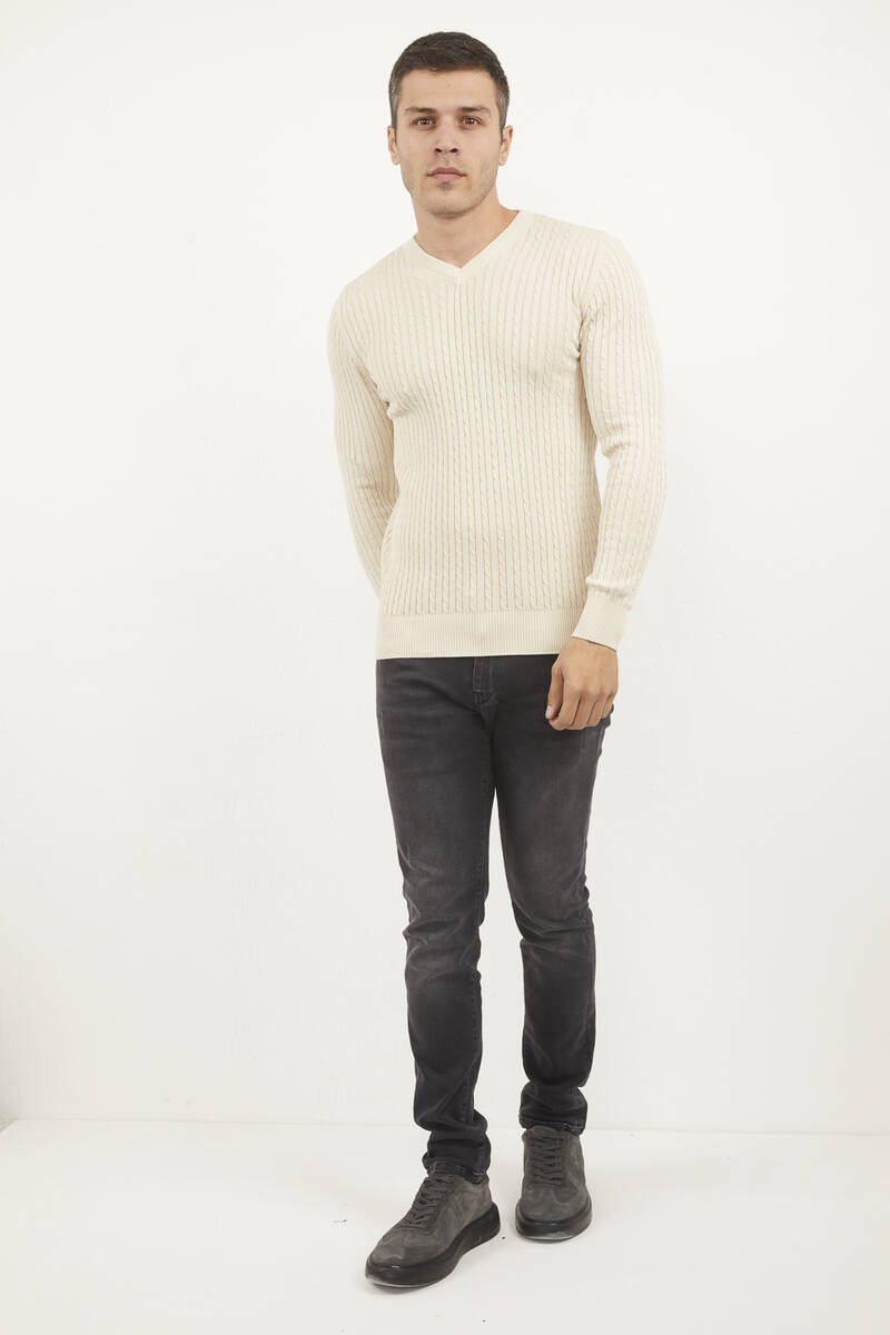 Peter V Neck Men's Knitwear Sweater Beige - 1