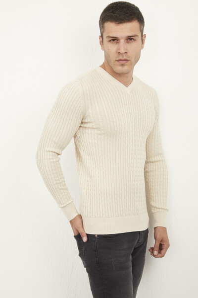 Peter V Neck Men's Knitwear Sweater Beige - 3