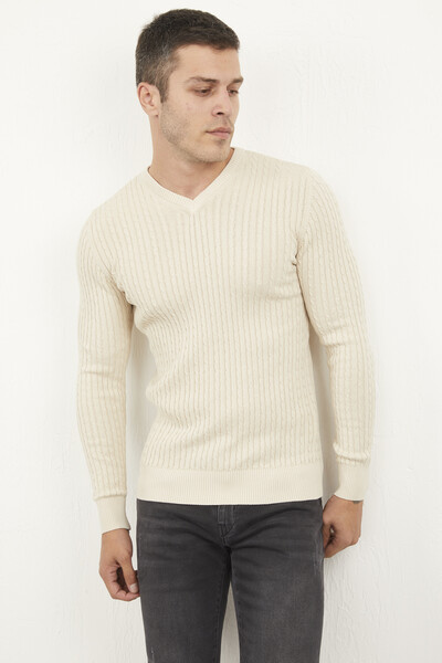 Peter V Neck Men's Knitwear Sweater Beige - 2