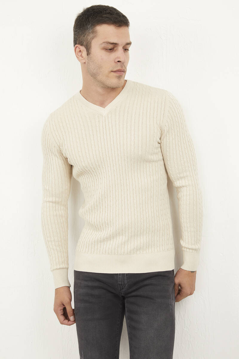 Peter V Neck Men's Knitwear Sweater Beige - 2