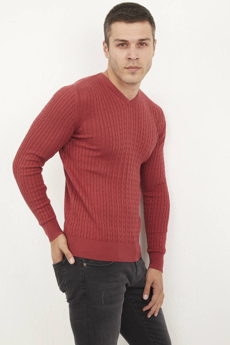 Peter V-Neck Men's Knitwear Sweater Claret Red - 3