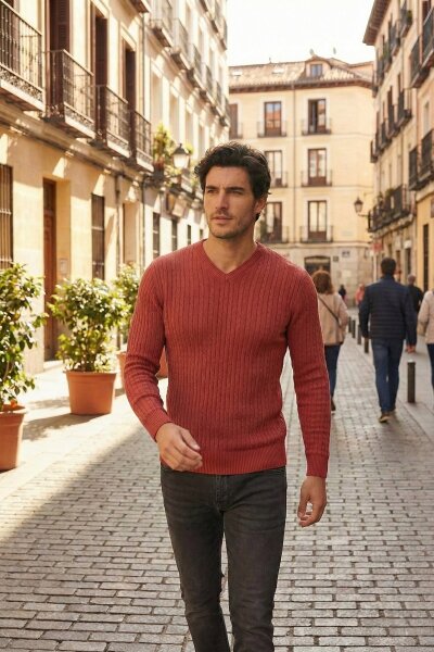 Peter V-Neck Men's Knitwear Sweater Claret Red - VOLTAJ (1)