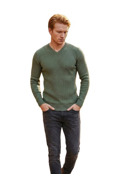 Peter V Neck Men's Knitwear Sweater Green - VOLTAJ 