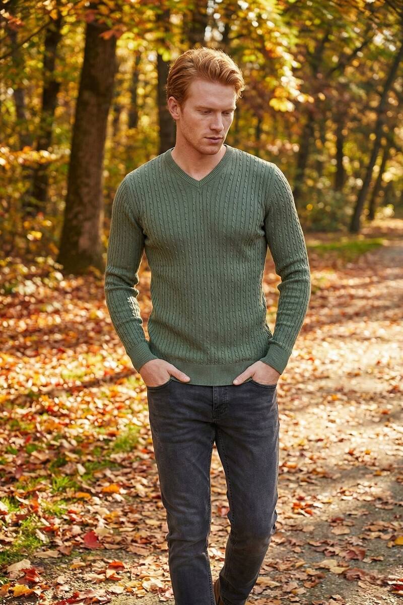 Peter V Neck Men's Knitwear Sweater Green - 2