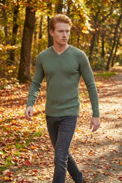 Peter V Neck Men's Knitwear Sweater Green - 3