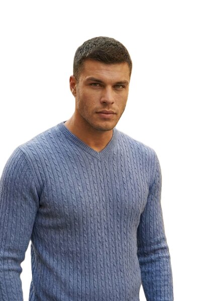 Peter V Neck Men's Knitwear Sweater Indigo - VOLTAJ 