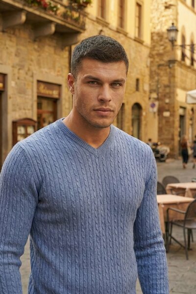 Peter V Neck Men's Knitwear Sweater Indigo - VOLTAJ (1)