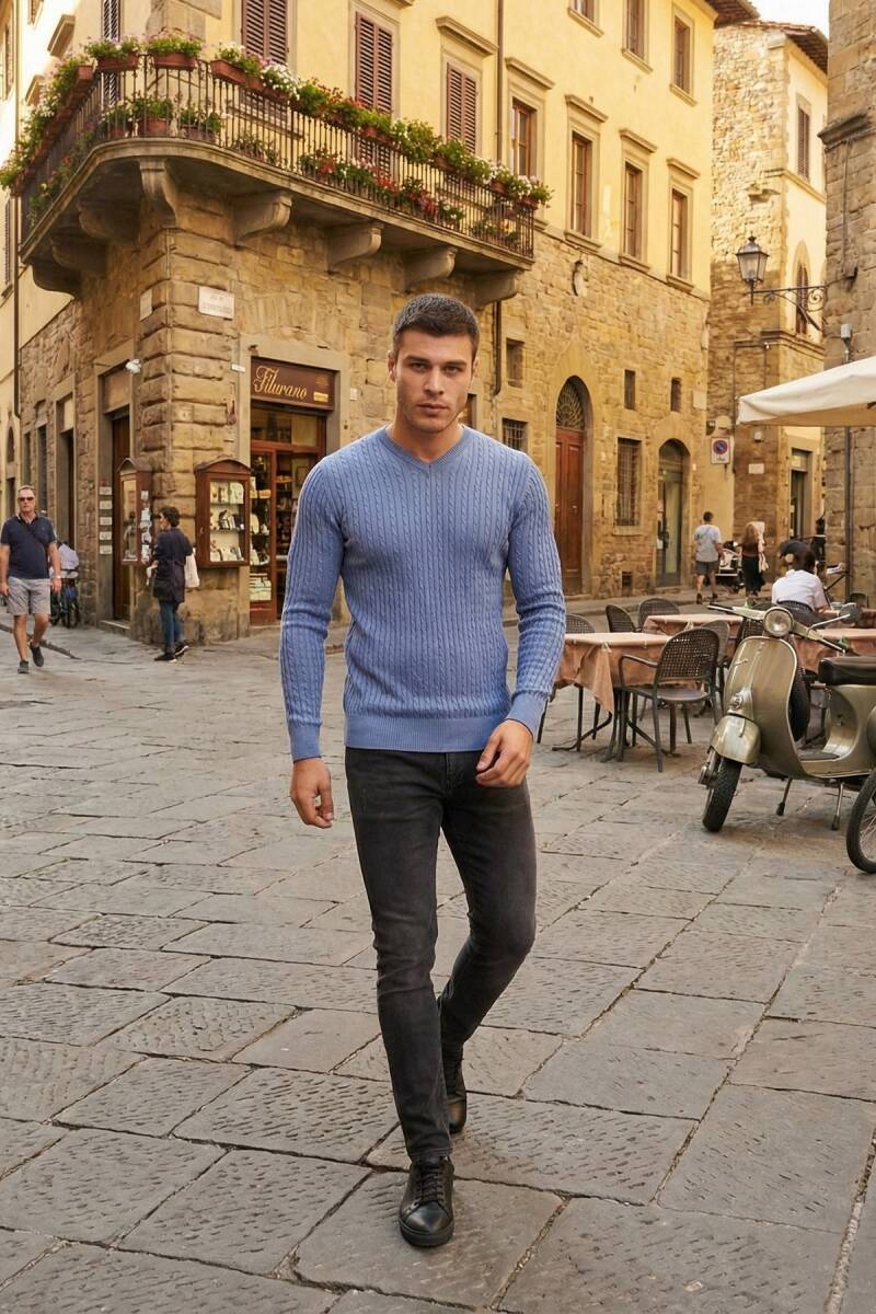 Peter V Neck Men's Knitwear Sweater Indigo - 4