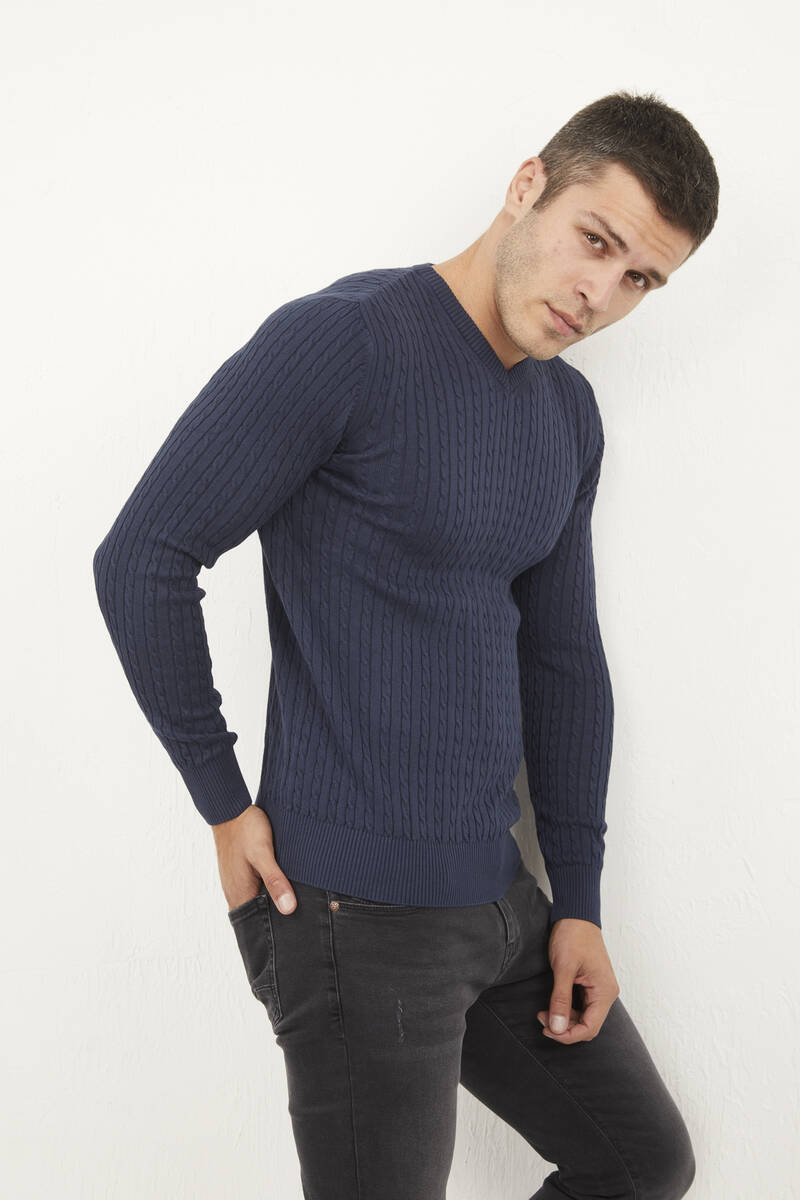 Peter V-Neck Men's Knitwear Sweater Navy Blue - 3