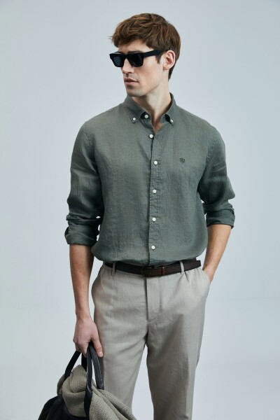 Pitaya Erkek Keten Gömlek Comfort Fit Haki - LUFIAN