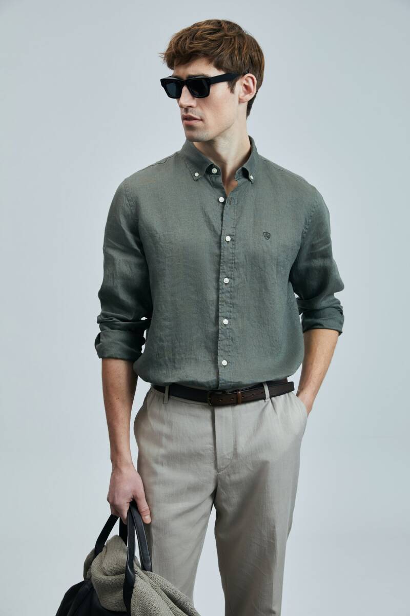 Pitaya Erkek Keten Gömlek Comfort Fit Haki - 1