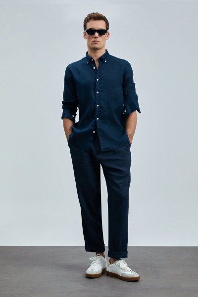 Pitaya Erkek Keten Gömlek Comfort Fit Lacivert - LUFIAN (1)