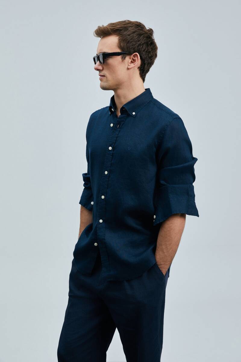 Pitaya Erkek Keten Gömlek Comfort Fit Lacivert - 3