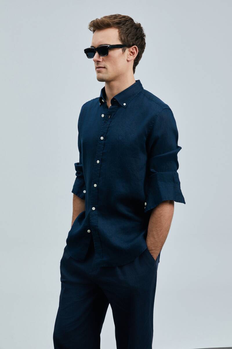 Pitaya Erkek Keten Gömlek Comfort Fit Lacivert - 1