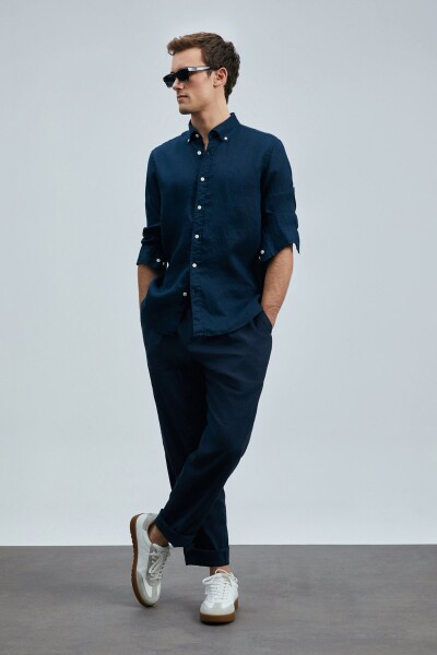 Pitaya Erkek Keten Gömlek Comfort Fit Lacivert - 4