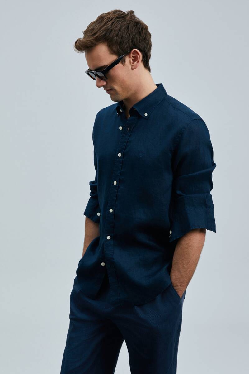 Pitaya Erkek Keten Gömlek Comfort Fit Lacivert - 5