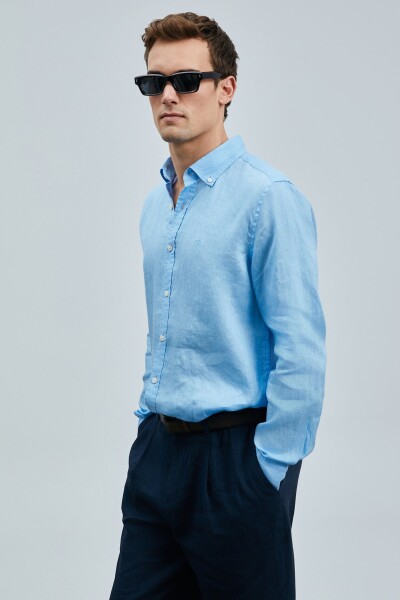 Pitaya Erkek Keten Gömlek Comfort Fit Mavi - LUFIAN