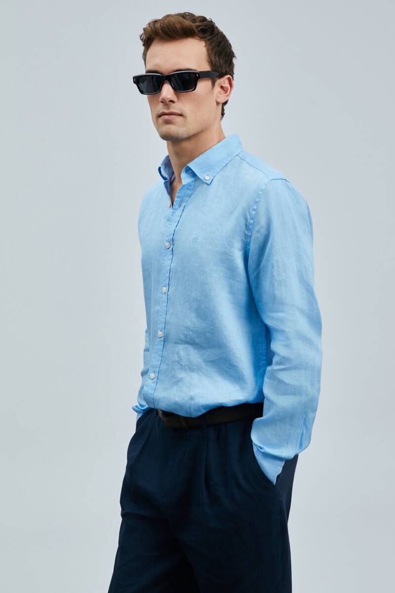 Pitaya Erkek Keten Gömlek Comfort Fit Mavi - 1