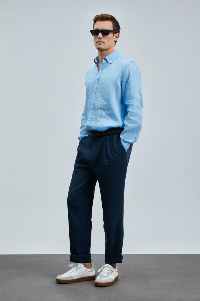 Pitaya Erkek Keten Gömlek Comfort Fit Mavi - 4