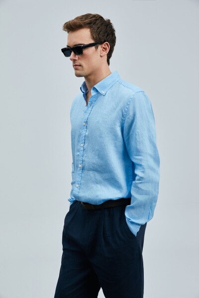 Pitaya Erkek Keten Gömlek Comfort Fit Mavi - 5