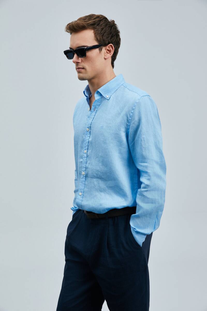 Pitaya Erkek Keten Gömlek Comfort Fit Mavi - 5