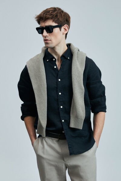 Pitaya Erkek Keten Gömlek Comfort Fit Siyah - 3