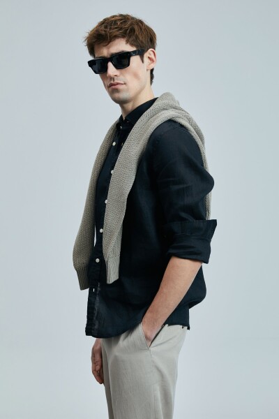 Pitaya Erkek Keten Gömlek Comfort Fit Siyah - 4