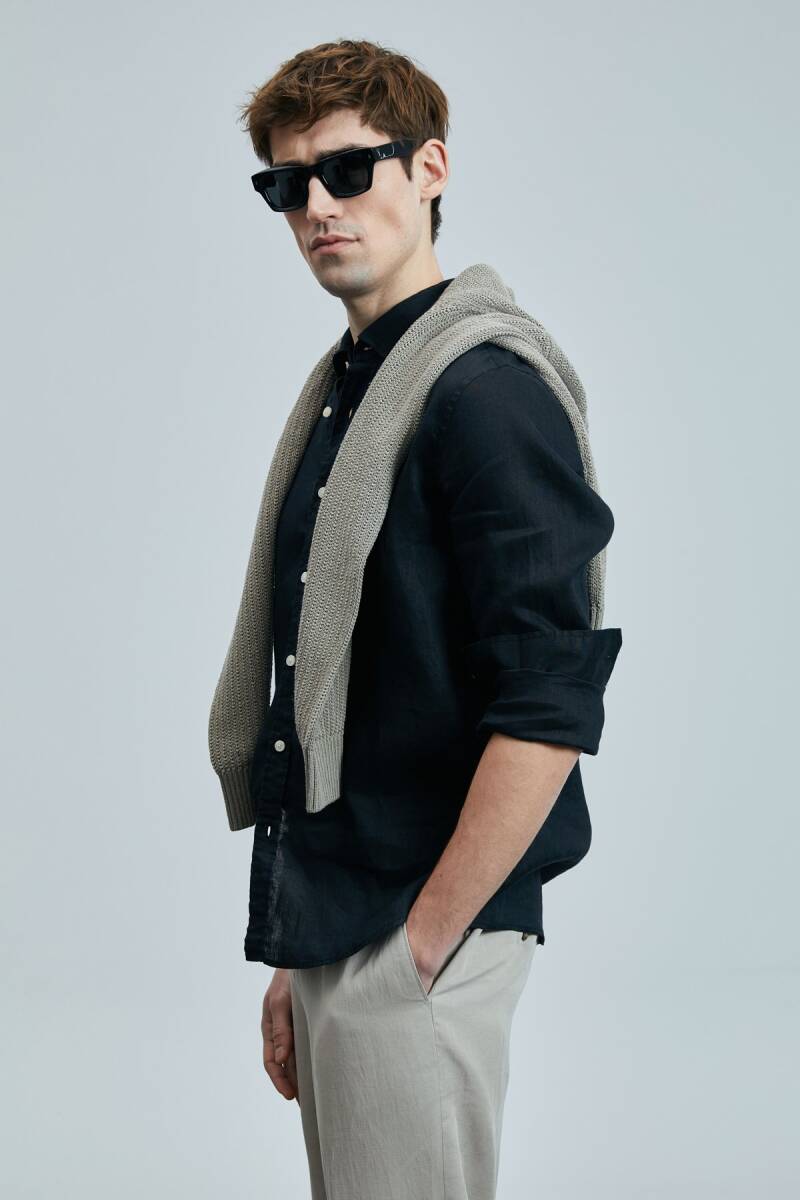 Pitaya Erkek Keten Gömlek Comfort Fit Siyah - 4