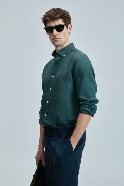 Pitaya Erkek Keten Gömlek Comfort Fit Yeşil - 4