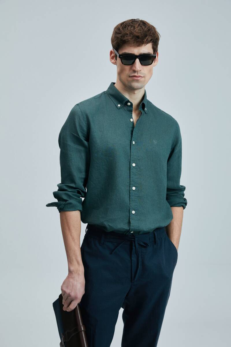 Pitaya Erkek Keten Gömlek Comfort Fit Yeşil - 1