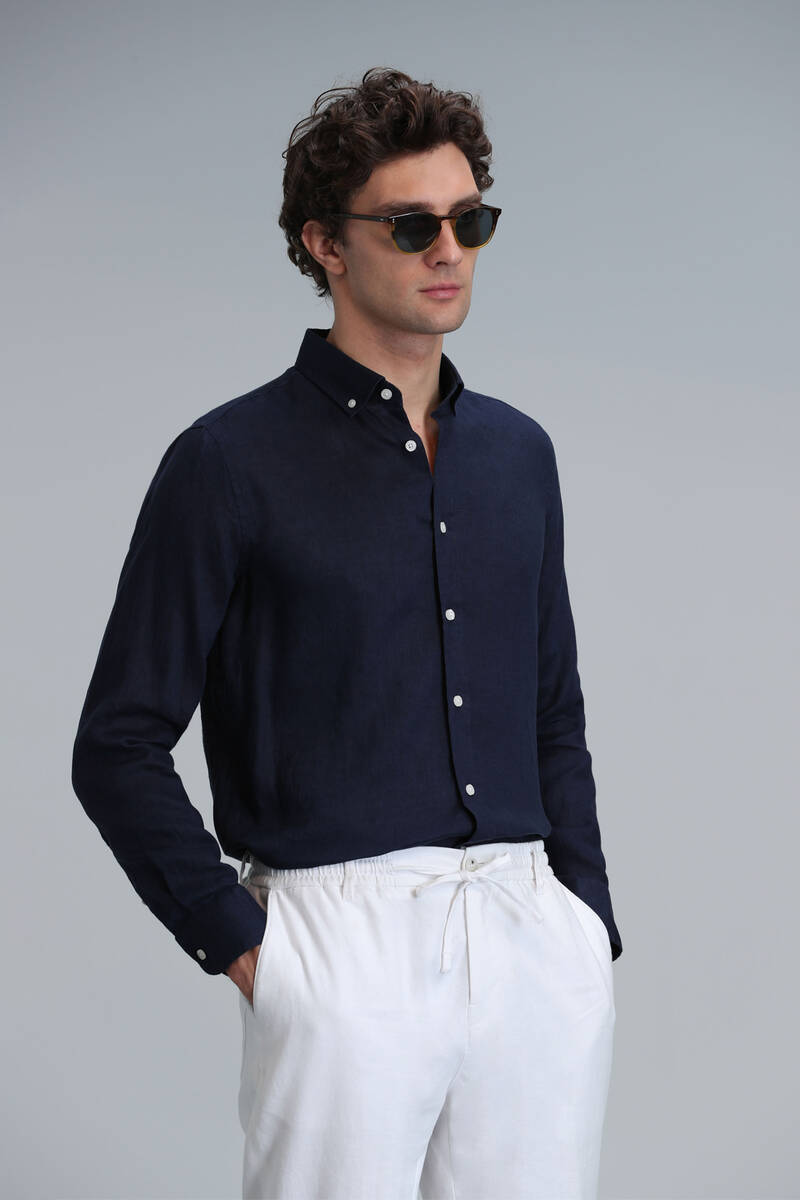 Pitaya Men's Linen Shirt Comfort Fit Navy Blue - 1