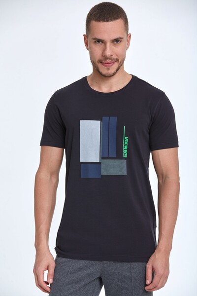 Rectangle Printed Cotton Crew Neck T-Shirt - Thumbnail