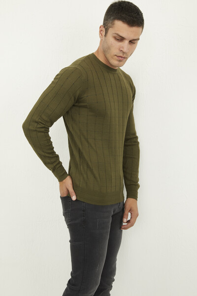 Round Neck Checked Knitwear Sweater - Thumbnail