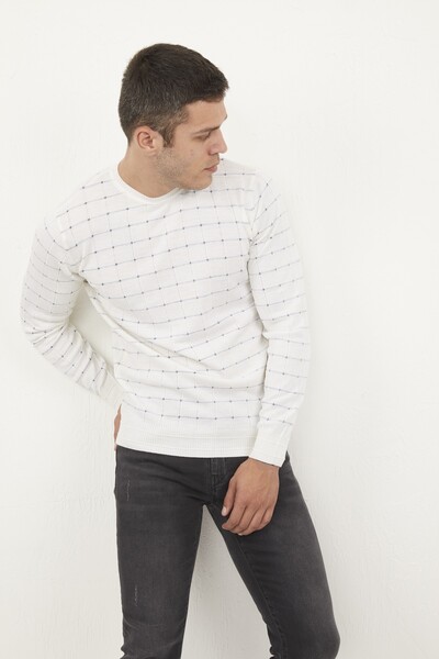 Round Neck Checked Knitwear Sweater - Thumbnail