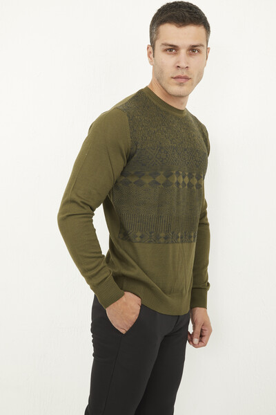 VOLTAJ - Round Neck Patterned Khaki Knitwear Sweater