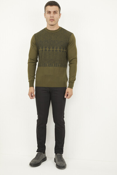 Round Neck Patterned Khaki Knitwear Sweater - Thumbnail