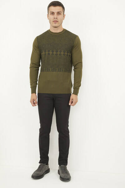 Round Neck Patterned Khaki Knitwear Sweater