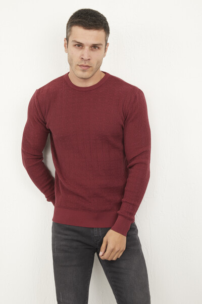 Round Neck Patterned Piece Dye Knitwear Sweater - Thumbnail